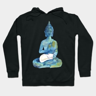 Watercolor Meditating Zen Buddha Statue with Sleepy Cat Hoodie